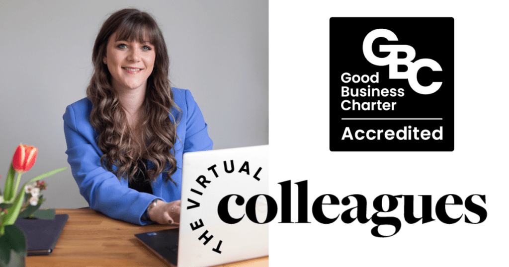 Smiling woman in a blue blazer sits at a desk with a laptop; right side shows 'colleagues' and Good Business Charter Accredited logo.