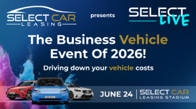 Banner for The Business Vehicle Event Of 2026 by Select Car Leasing, showing cars and the slogan 'Driving down your vehicle costs' with date June 24 at the stadium venue.
