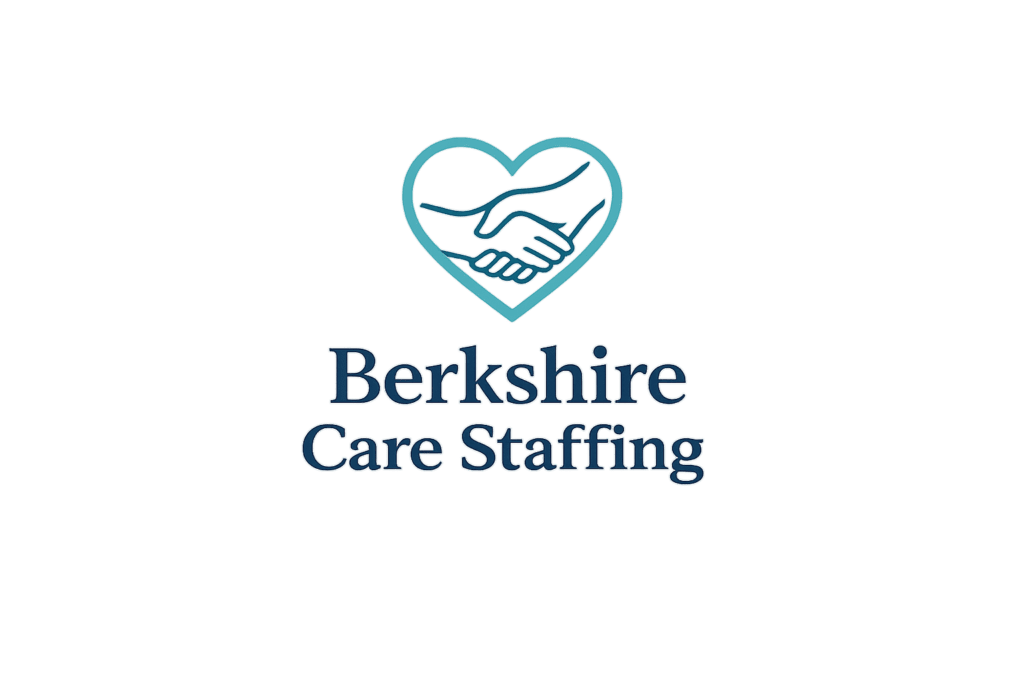 Logo for Berkshire Care Staffing: teal heart with a handshake inside, glowing blue aura, and the company name in blue text below