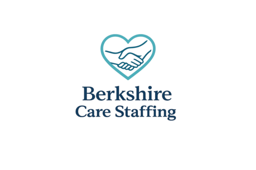 Logo for Berkshire Care Staffing: teal heart with a handshake inside, glowing blue aura, and the company name in blue text below