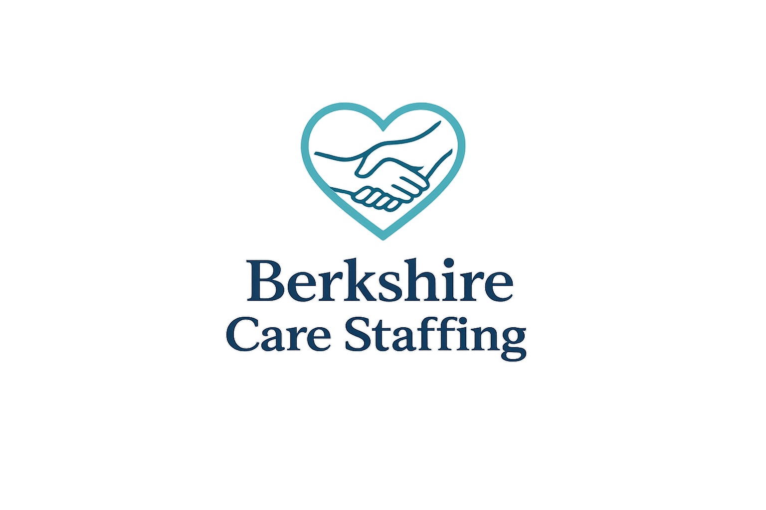 Logo for Berkshire Care Staffing: teal heart with a handshake inside, glowing blue aura, and the company name in blue text below