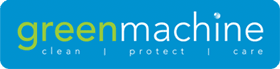 Greenmachine logo on a blue background, with 'greenmachine' in green and light blue and the tagline 'clean | protect | care'.