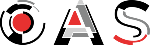 Abstract logo with three elements: a red circle with gray arc marks on the left, a geometric A in the center, and a red curved stroke on the right.