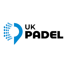 UK Padel logo featuring a dotted blue circle and a blue chevron next to the text 'UK Padel'.