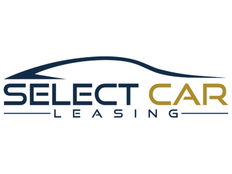 Select Car Leasing logo featuring a dark blue curved swoosh above the navy wordmark with gold 'CAR' symbol and 'LEASING' text below