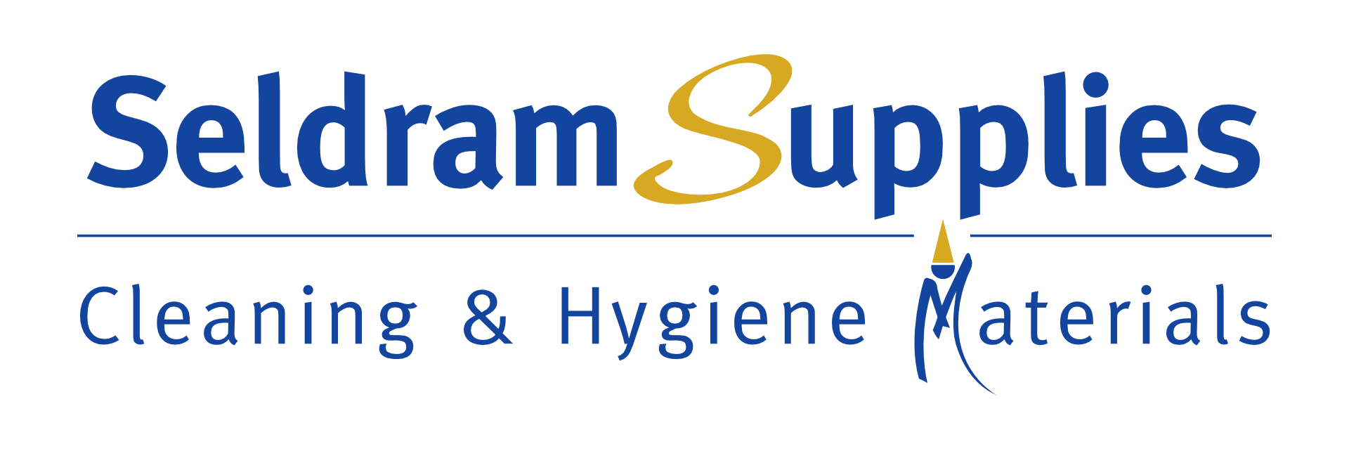 Seldram Supplies logo with blue wordmark, gold decorative S, line separator, and 'Cleaning & Hygiene Materials' tagline.