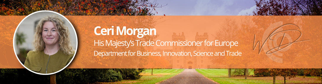 Ceri Morgan Speaker Bannner 26 | Thames Valley Chamber of Commerce Banner featuring circular headshot of Ceri Morgan on the left with an orange overlay showing her name and title—His Majesty's Trade Commissioner for Europe—plus department line and a right-side logo against a park background with autumn trees.