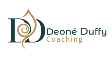 Logo for Deoné Duffy Coaching with teal lettering and a gold decorative initial flourish.