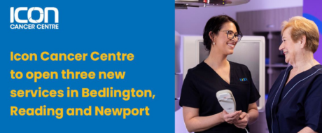 Left blue panel with Icon Cancer Centre logo and bold yellow headline announcing three new services in Bedlington, Reading and Newport; right side shows a nurse in black scrubs speaking with a patient in a medical setting holding a medical device.