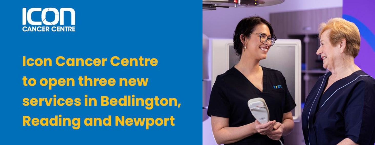 NEW - News item size 58 | Thames Valley Chamber of Commerce Left blue panel with Icon Cancer Centre logo and bold yellow headline announcing three new services in Bedlington, Reading and Newport; right side shows a nurse in black scrubs speaking with a patient in a medical setting holding a medical device.