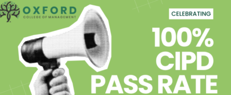 Megaphone illustration on a lime green background announcing 100% CIPD pass rate for Oxford College of Management.