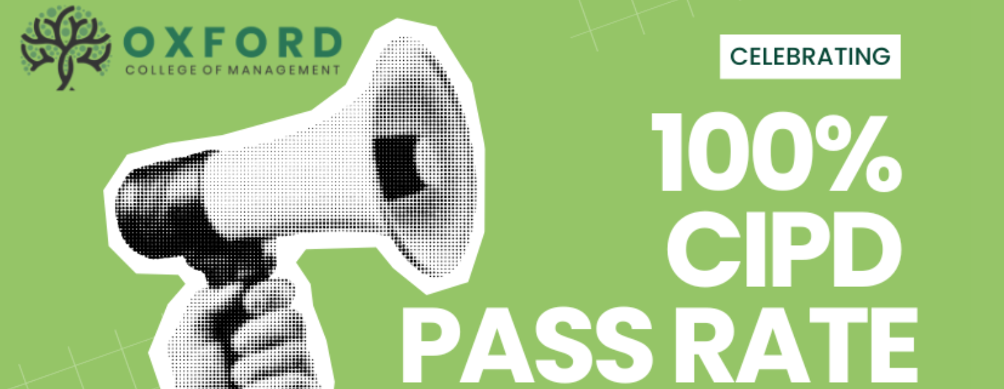 NEW - News item size 67 | Thames Valley Chamber of Commerce Megaphone illustration on a lime green background announcing 100% CIPD pass rate for Oxford College of Management.