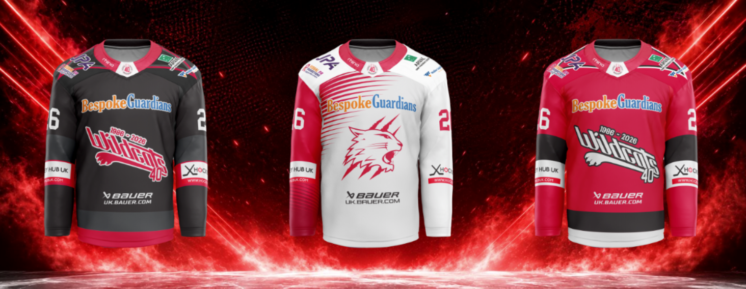 Three hockey jerseys on display against a red, neon-lit background: left dark gray with red accents and sponsor logos; center white and red with a lion logo; right red and black with similar sponsor artwork and 'Ludwonds 40' graphic.