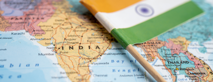 NEW - News item size 81 | Thames Valley Chamber of Commerce Close-up of a map focusing on India with the Indian flag laid over the region, symbolizing India.