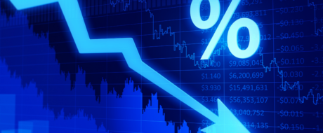 Downward-trending financial chart with a bold blue arrow and a large percent symbol, signaling a market decline