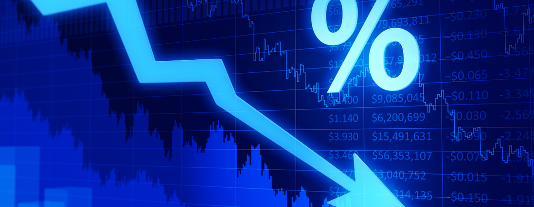 Downward-trending financial chart with a bold blue arrow and a large percent symbol, signaling a market decline