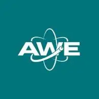 AWE logo on a teal background with stylized letters and an atomic orbit surrounding them.