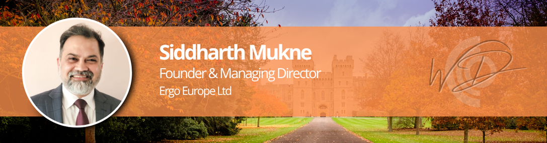 Siddharth Mukne Speaker Bannner 26 | Thames Valley Chamber of Commerce Banner introducing Siddharth Mukne — Founder & Managing Director, Ergo Europe Ltd — portrait on the left with an orange title bar over a campus path scene.