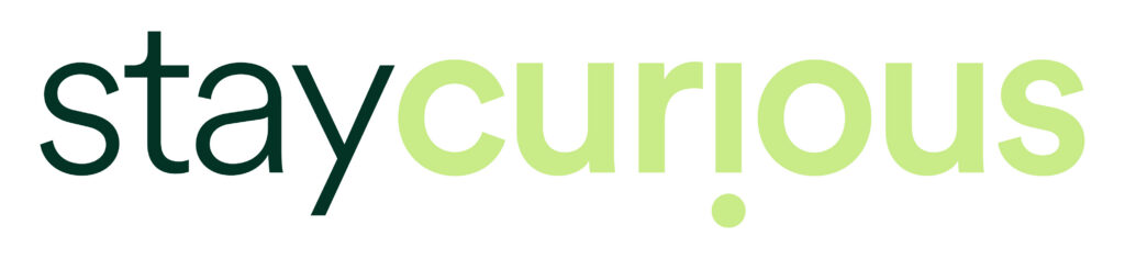 Logo reading 'stay curious.' with dark teal 'stay' and lime green 'curious' and a green period at the end