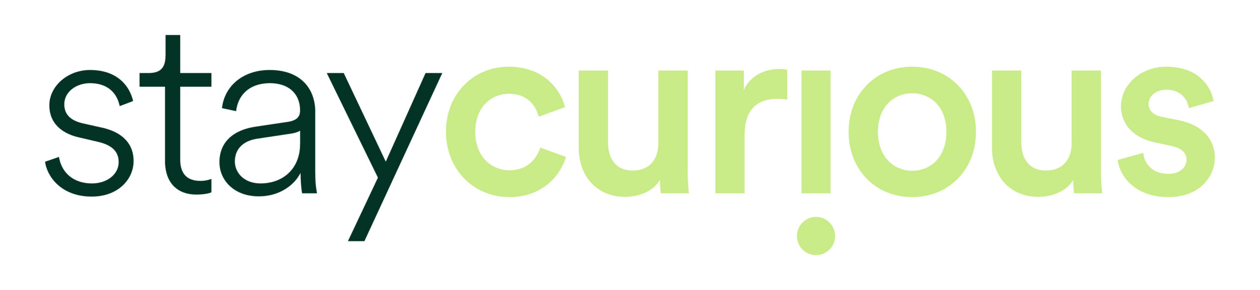 Logo reading 'stay curious.' with dark teal 'stay' and lime green 'curious' and a green period at the end