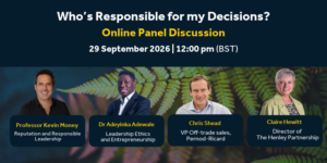 Event banner for an online panel:'Who's Responsible for my Decisions?', Sept 29, 2026 at 12:00 BST, featuring four speakers: Kevin Money, Adeyinka Adewale, Chris Shead, and Claire Hewitt.