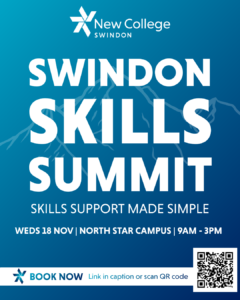 Poster for Swindon Skills Summit by New College Swindon with a QR code and a Booking Now banner on a blue gradient background.