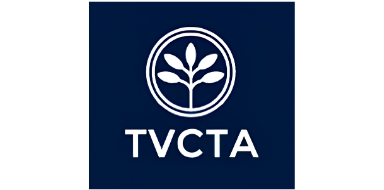 TVCTA logo: circular plant emblem inside two rings on a dark blue square background