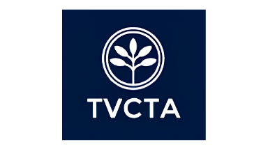 TVCTA logo: circular plant emblem inside two rings on a dark blue square background