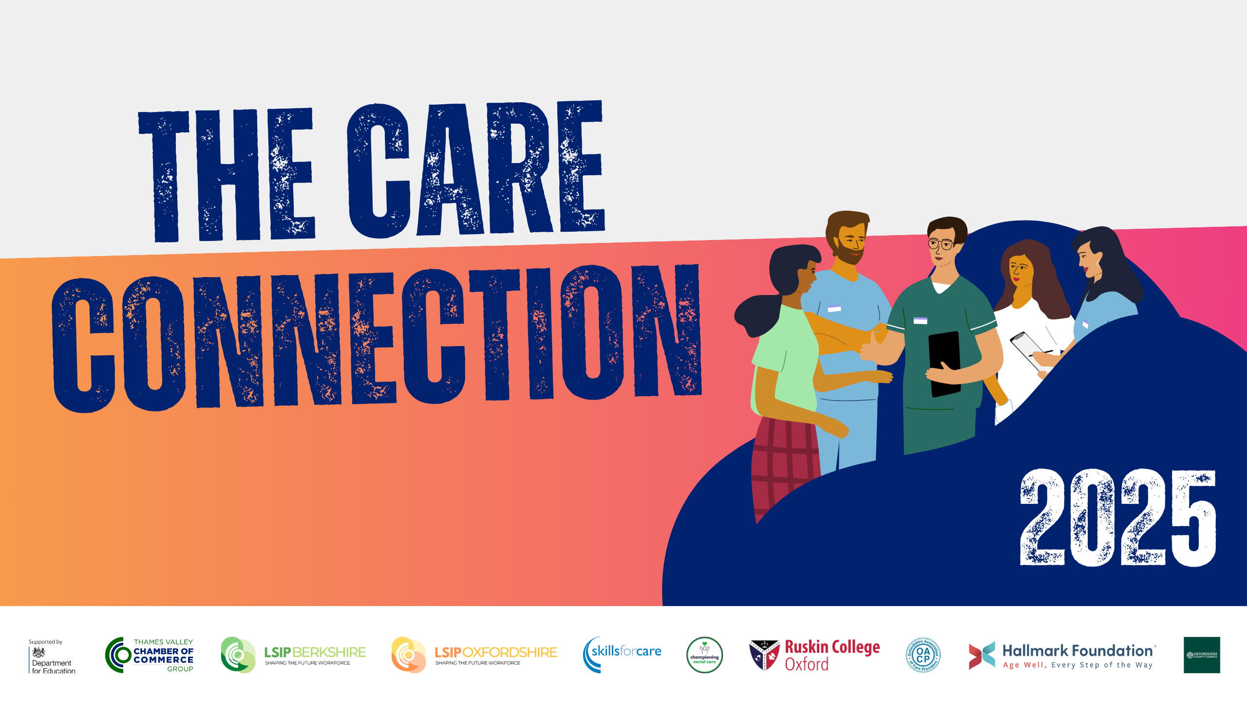 Group of diverse people standing together on a gradient banner reading 'The Career Connection 2025'