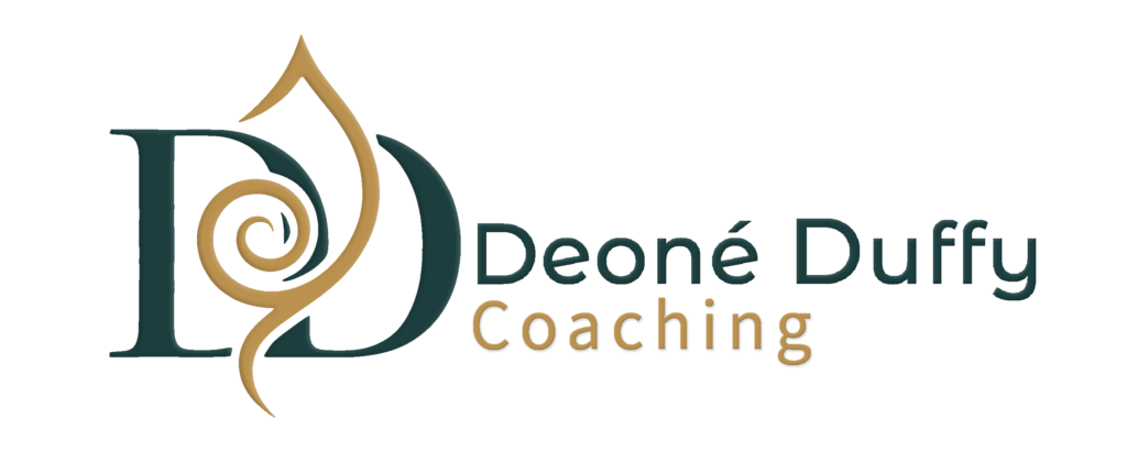 Logo for Deoné Duffy Coaching featuring a teal 'DD' monogram and a gold spiral accent with the brand name in teal and gold.
