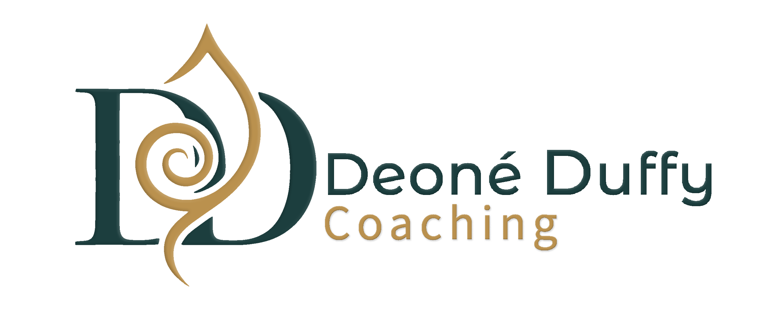 Logo for Deoné Duffy Coaching featuring a teal 'DD' monogram and a gold spiral accent with the brand name in teal and gold.