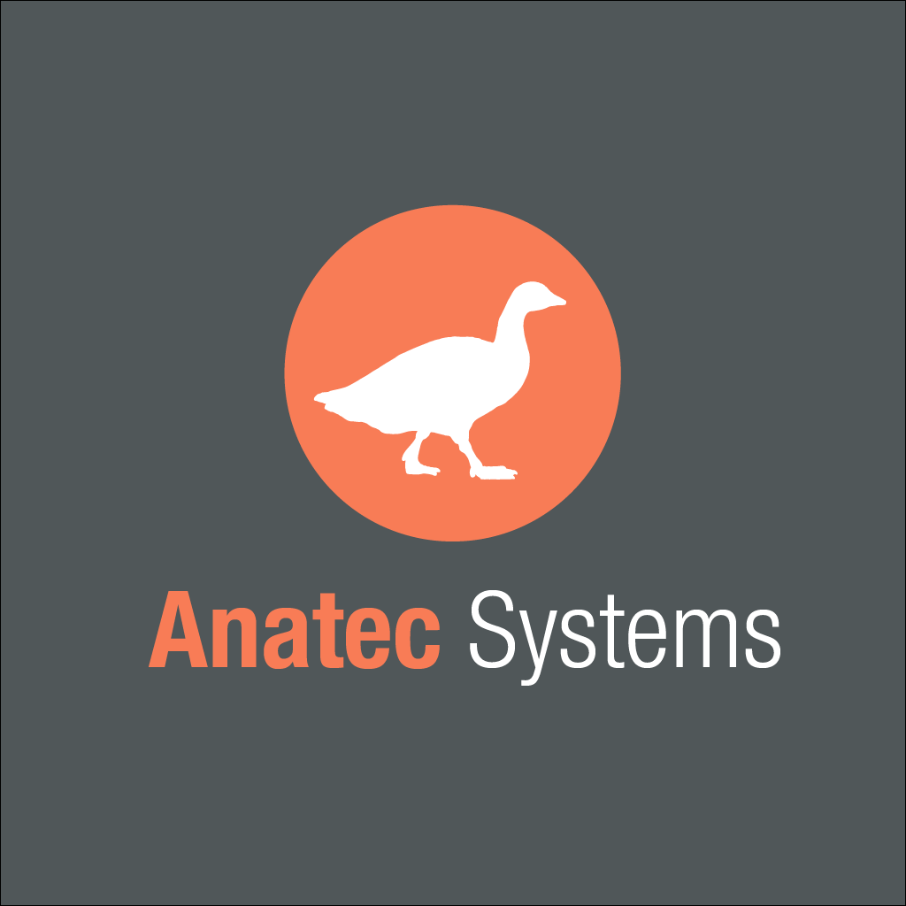 Anatec Systems logo: white duck silhouette in an orange circle on a dark gray background with the brand name where 'Anatec' is orange and 'Systems' is white.
