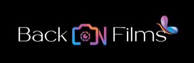 Logo for 'Back ON Films' with a camera icon inside the 'O' and a colorful butterfly at the right end.