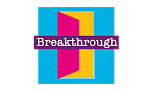 Breakthrough logo: blue square with a stylized pink and yellow doorway, purple ribbon across center reading 'Breakthrough'.