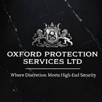 Oxford Protection Services Ltd logo with a heraldic crest and lions, and the slogan 'Where Discretion Meets High-End Security'.
