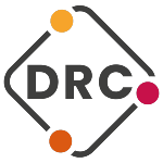 DRC logo: diamond-shaped gray ring with orange and red dots around the letters DRC