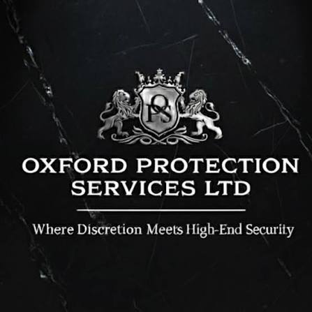 Oxford Protection Services Ltd logo with a heraldic crest and lions, and the slogan 'Where Discretion Meets High-End Security'.