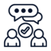 Two people icons with overlapping speech bubbles and a checkmark, symbolizing approved collaboration.