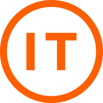 Orange circular logo with a thick orange ring and bold orange 'IT' letters in the center, on a white background