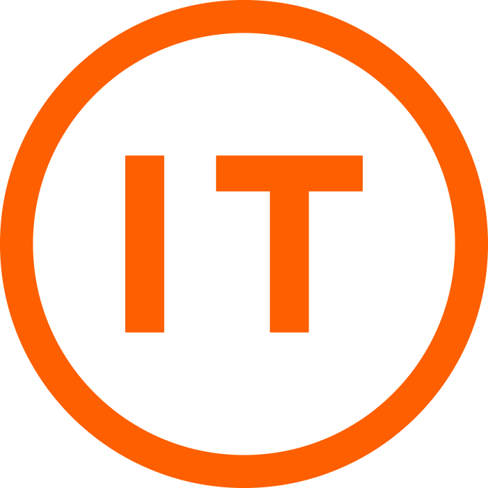 Orange circular logo with a thick orange ring and bold orange 'IT' letters in the center, on a white background