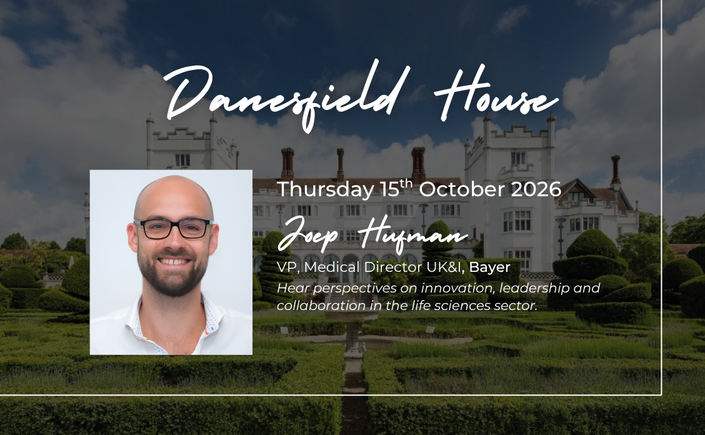 Event poster for Danefield House featuring speaker Joep Huftman (VP Medical Director UK&I, Bayer) and the date Thursday 15 October 2026, with portrait photo on the left and a mansion backdrop.