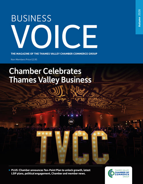 Front cover of Business Voice magazine showing the headline 'Chamber Celebrates Thames Valley Business' over a stage with a large lit 'TVCC' sign at a formal event.