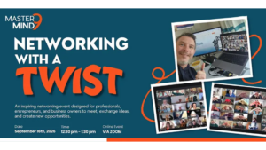 Promotional banner for a networking event: teal background with bold white text'NETWORKING WITH A TWIST' and orange 'TWIST', plus a collage of framed photos featuring people on a laptop and screens.