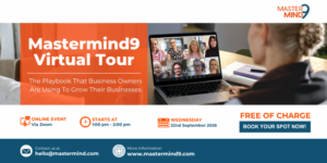 Mastermind9 Virtual Tour (1).png | Thames Valley Chamber of Commerce Banner for Mastermind9 Virtual Tour with an orange panel and a laptop displaying a video call on the right.
