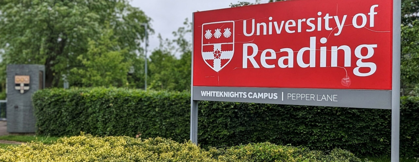 NEW - News item size 25 | Thames Valley Chamber of Commerce Red University of Reading sign with crest, Whiteknights Campus, Pepper Lane