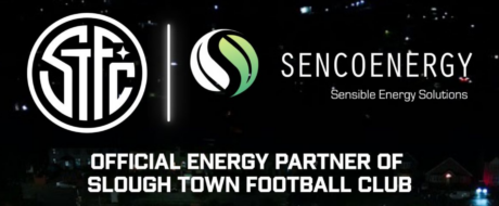 STFC and SencoEnergy logos on a dark banner with the phrase 'Official Energy Partner of Slough Town Football Club' below.