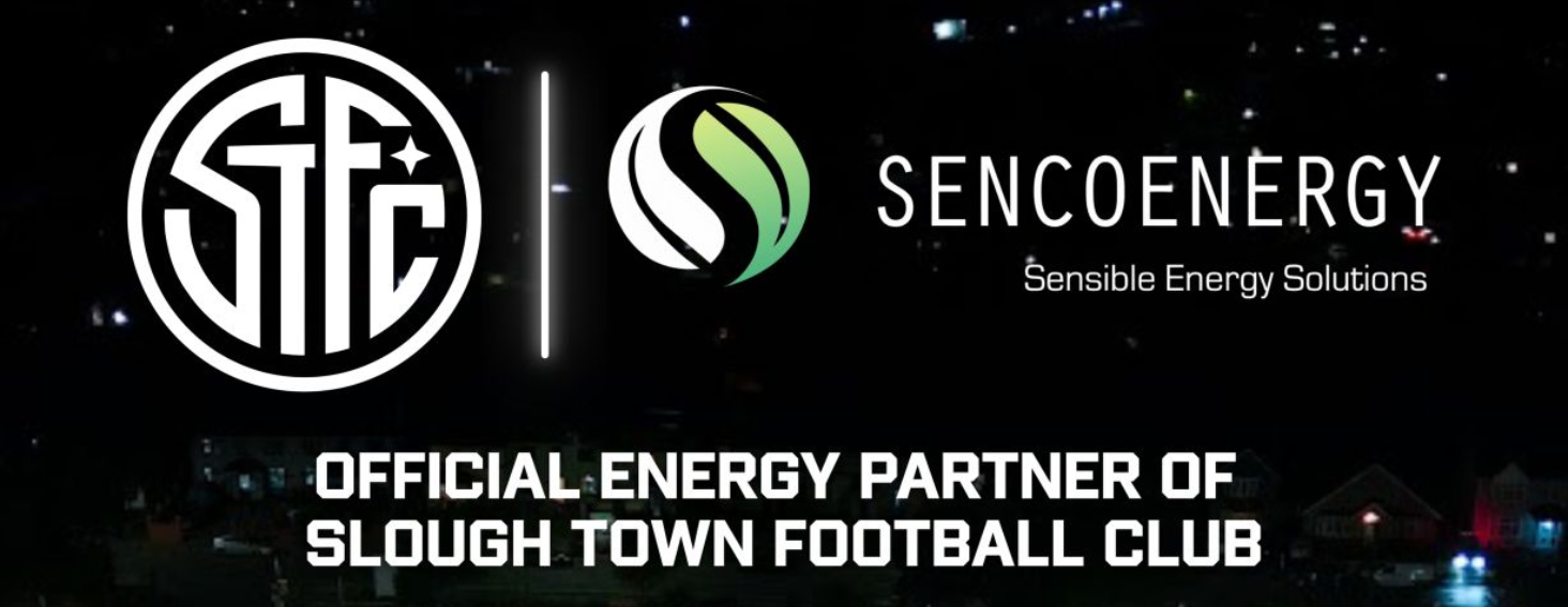 STFC and SencoEnergy logos on a dark banner with the phrase 'Official Energy Partner of Slough Town Football Club' below.