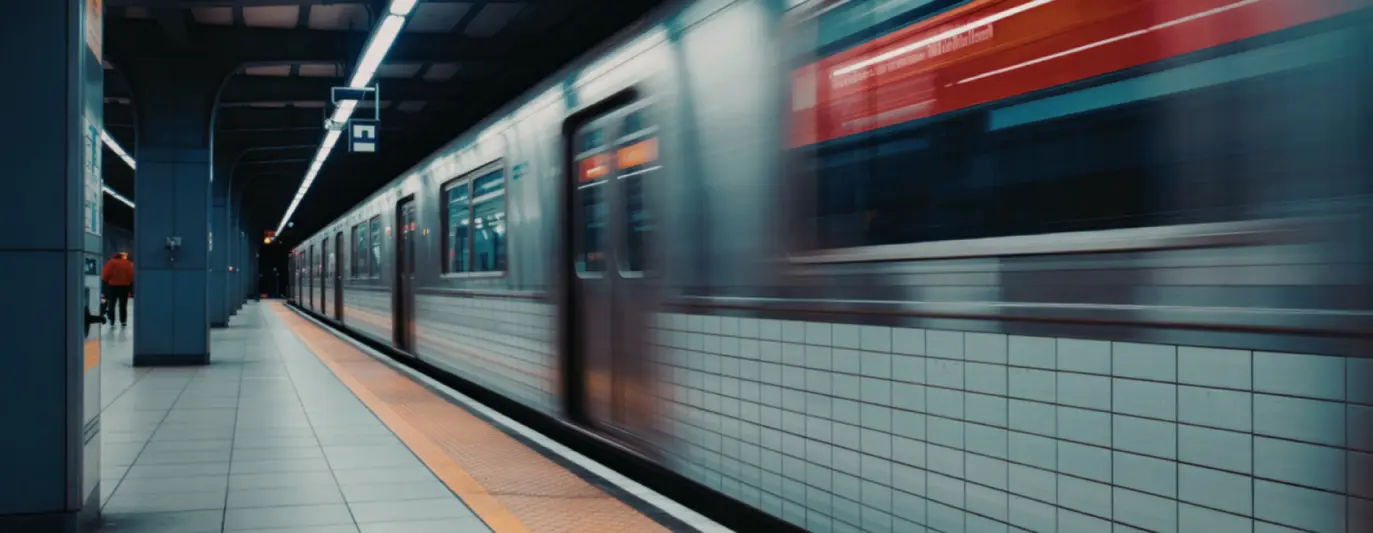 NEW - News item size 88 | Thames Valley Chamber of Commerce Moving subway train speeds by along a blue-tiled underground platform with a yellow safety strip.
