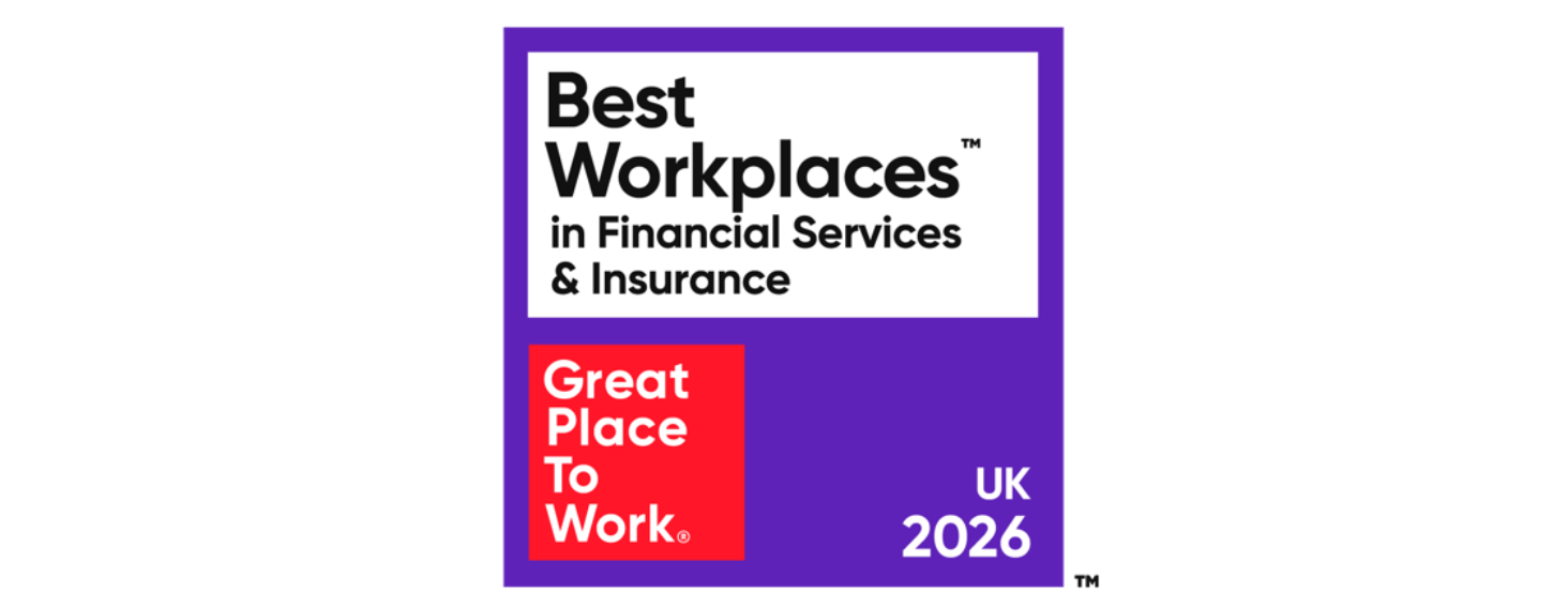 Award badge: "Best Places to Work in Financial Services & Insurance" by Great Place To Work UK 2026 (purple background)