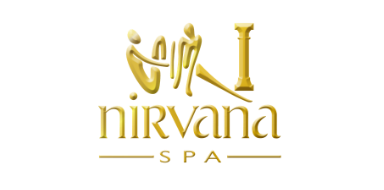 Gold Nirvana Spa logo with stylized figures forming a relaxing pose above the word Nirvana Spa on a dark background.
